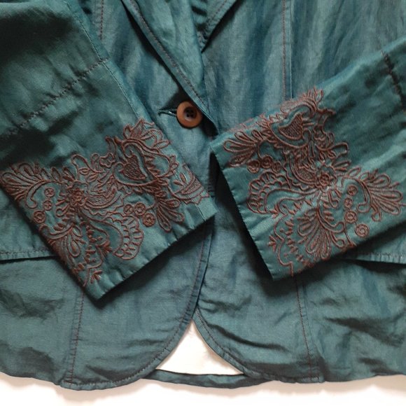 Modcloth Louche Silk Linen Embroidered 2-Button Blazer Teal Green Size 8 - Picture 9 of 11